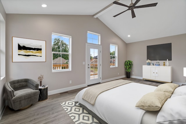 bedroom with ceiling fan, access to outside, beamed ceiling, light hardwood / wood-style flooring, and high vaulted ceiling