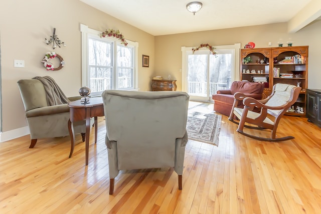 sitting room featuring light hardwood / wood-style floors and a healthy amount of sunlight