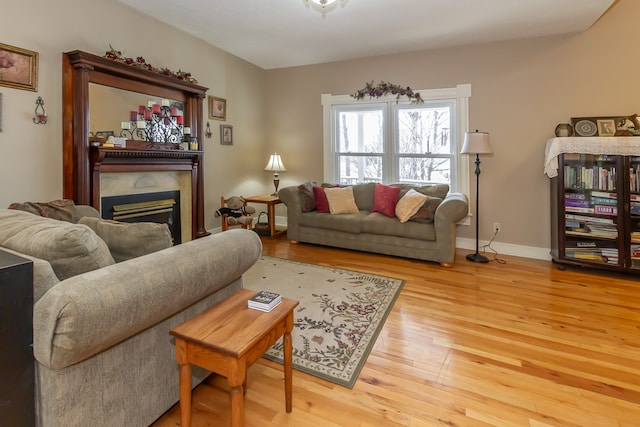 living room with light wood-type flooring and a premium fireplace