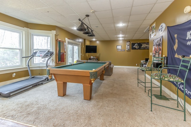 game room featuring light colored carpet, a paneled ceiling, and pool table