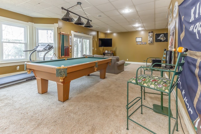 game room with carpet flooring, billiards, and a drop ceiling