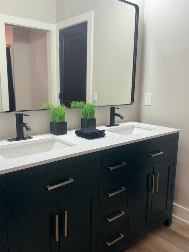 bathroom featuring hardwood / wood-style floors and double vanity