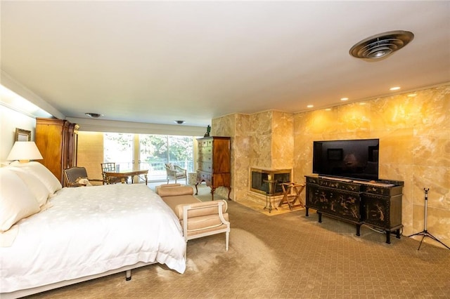 bedroom featuring tile walls