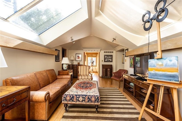 living room with a skylight, a raised ceiling, and light wood-type flooring