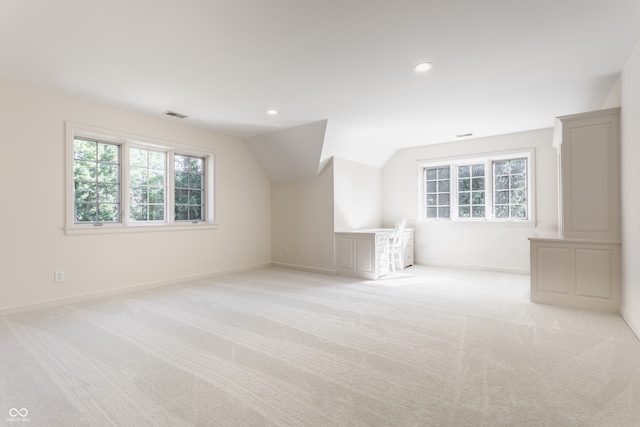 additional living space with light carpet and vaulted ceiling