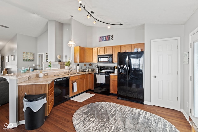 5220 Ariana Ct, Indianapolis, IN 46227 - kitchen featuring black appliances, high vaulted ceiling, a peninsula, light stone counters, and dark wood-style flooring