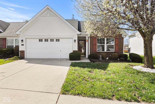 5220 Ariana Ct, Indianapolis, IN 46227 - view of front facade with brick siding, an attached garage, concrete driveway, a front lawn, and a shingled roof