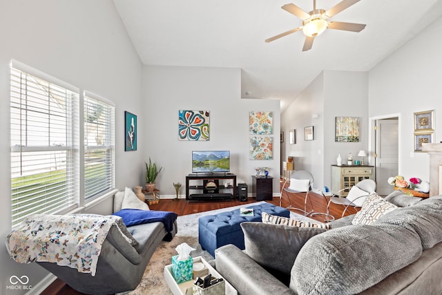 5220 Ariana Ct, Indianapolis, IN 46227 - living area with high vaulted ceiling, ceiling fan, and wood finished floors