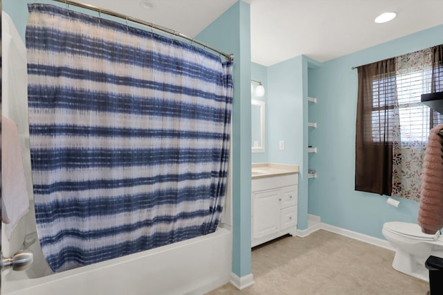 full bathroom with shower / tub combo with curtain, tile flooring, vanity, and toilet