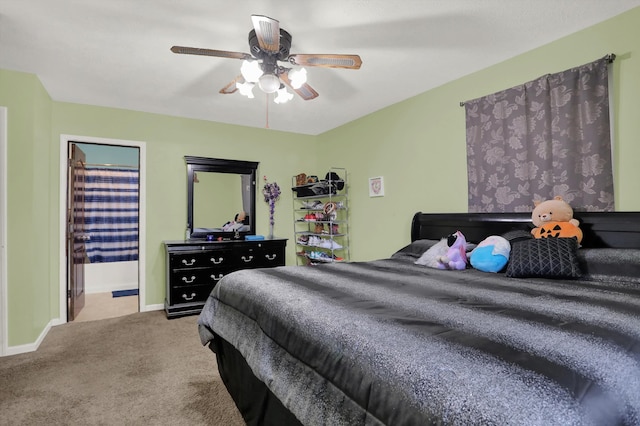 bedroom featuring light carpet and ceiling fan