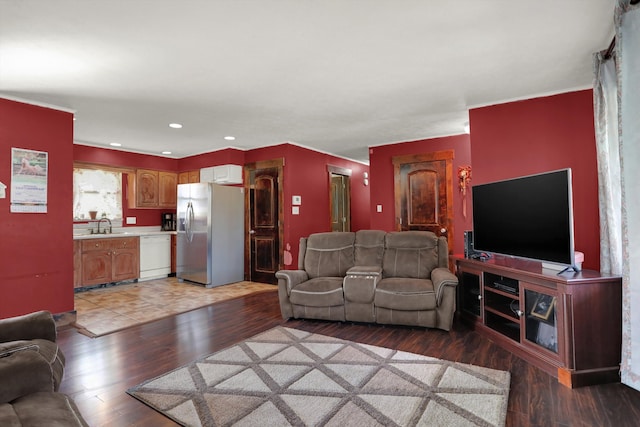 living room with sink and dark hardwood / wood-style flooring