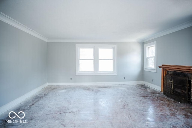 unfurnished living room featuring crown molding