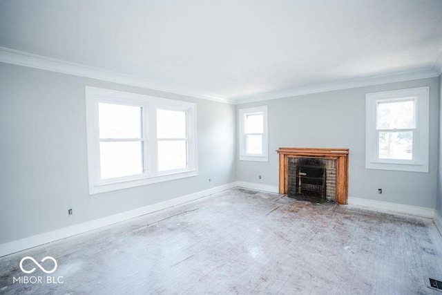 unfurnished living room featuring crown molding