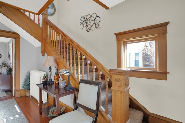 stairway featuring radiator and hardwood / wood-style floors