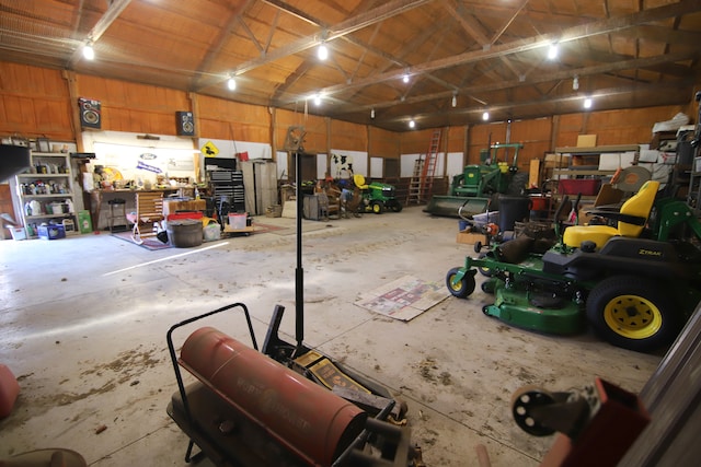 garage with a workshop area