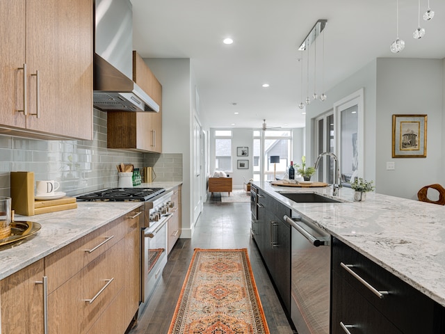 kitchen with decorative light fixtures, appliances with stainless steel finishes, wall chimney exhaust hood, sink, and tasteful backsplash