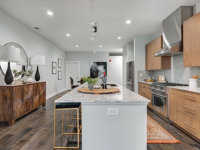 kitchen featuring light stone counters, tasteful backsplash, dark hardwood / wood-style floors, stainless steel appliances, and a kitchen island with sink