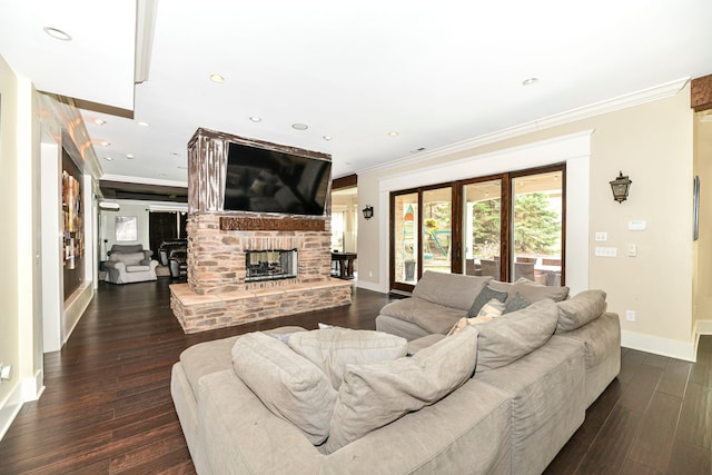 living room featuring ornamental molding, dark wood-type flooring, and french doors