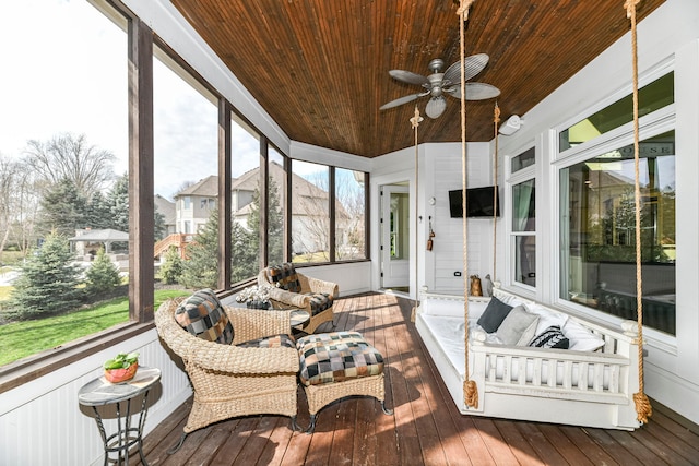 sunroom / solarium featuring ceiling fan and wood ceiling