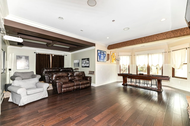 living room with crown molding, beam ceiling, and dark wood-type flooring