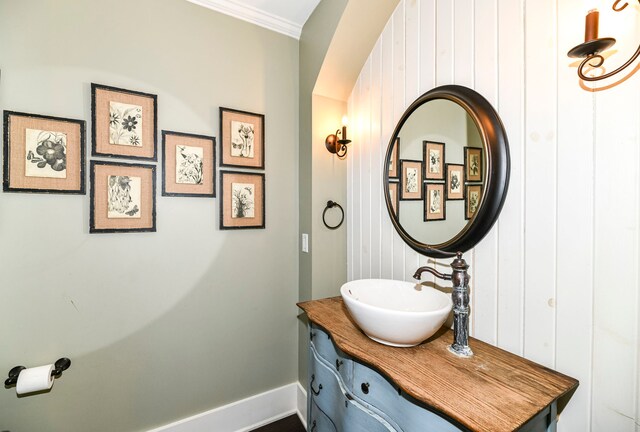 bathroom featuring crown molding and vanity with extensive cabinet space