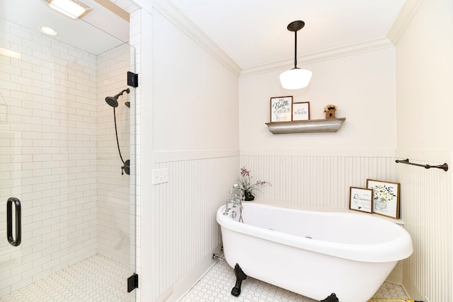 bathroom featuring tile flooring, ornamental molding, and plus walk in shower