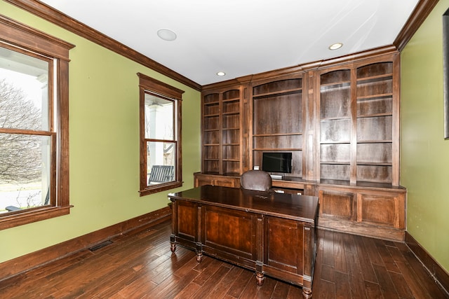 office featuring crown molding and dark hardwood / wood-style floors