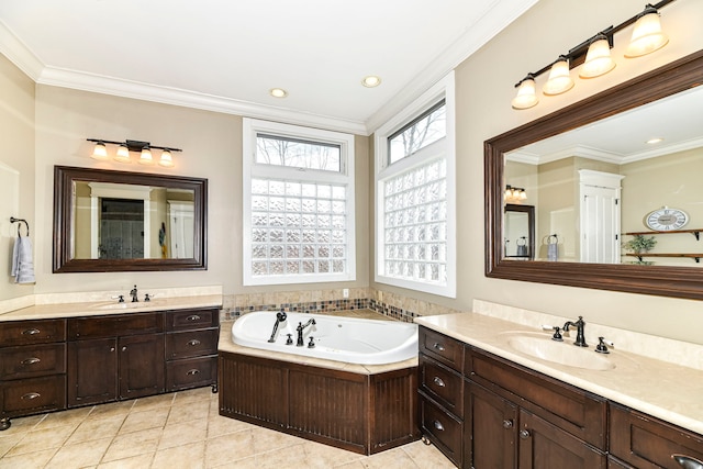 bathroom featuring dual vanity, tile flooring, a bathing tub, and ornamental molding