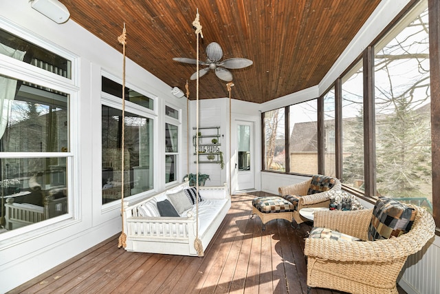 sunroom / solarium with ceiling fan and wooden ceiling