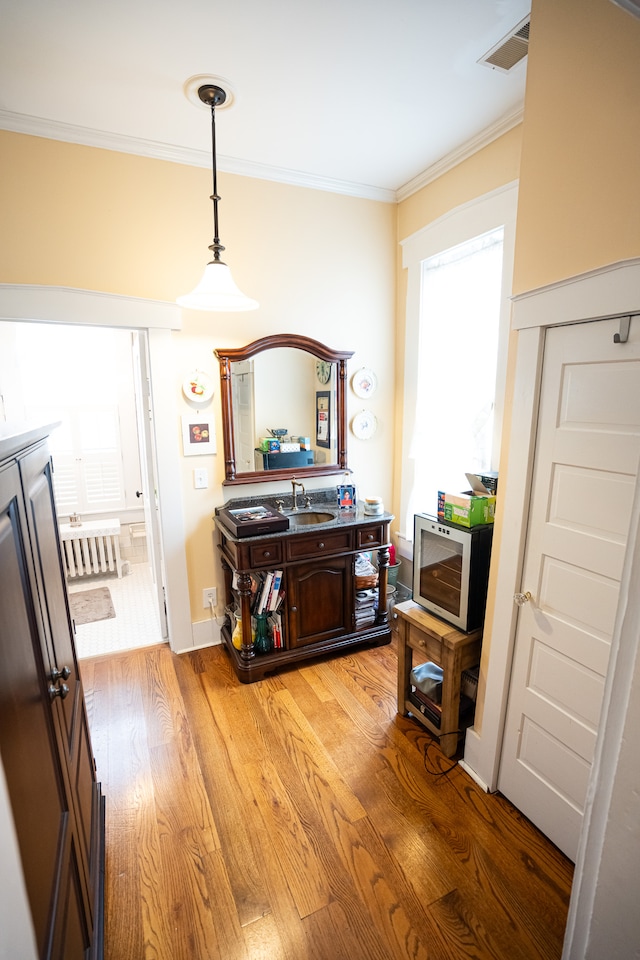 interior space with light hardwood / wood-style floors and crown molding