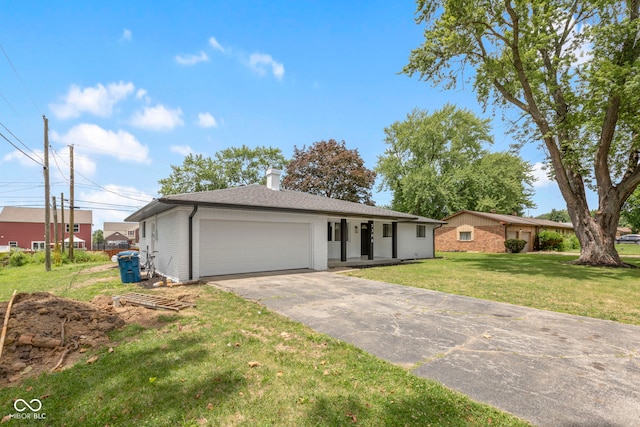 single story home with a garage and a front lawn