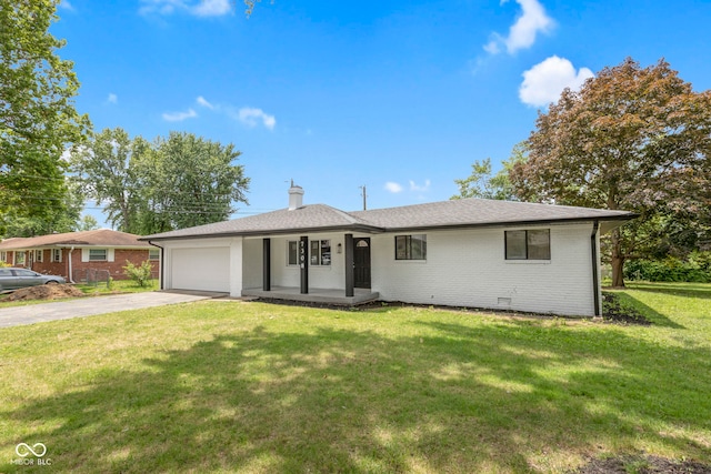 ranch-style house with a garage, covered porch, and a front lawn