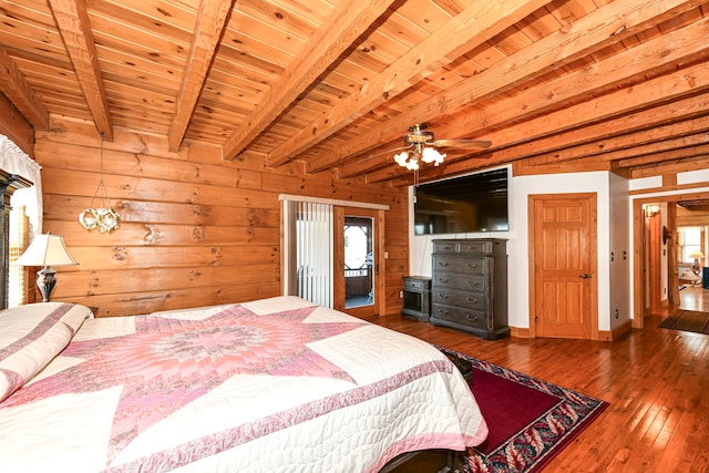 bedroom featuring dark hardwood / wood-style flooring, wooden ceiling, beamed ceiling, and ceiling fan