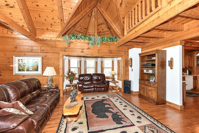 living room featuring dark hardwood / wood-style floors, wood ceiling, wooden walls, and beamed ceiling