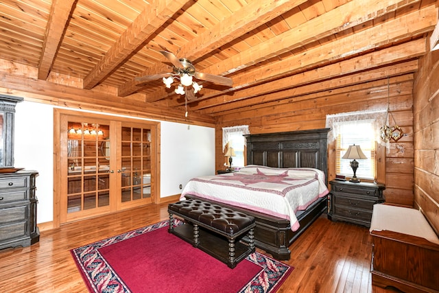 bedroom featuring ceiling fan, wooden walls, beam ceiling, dark hardwood / wood-style flooring, and wood ceiling