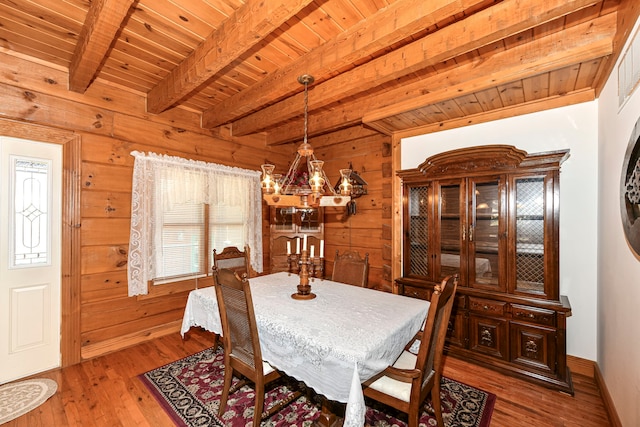 dining room featuring beam ceiling, wood walls, and a chandelier