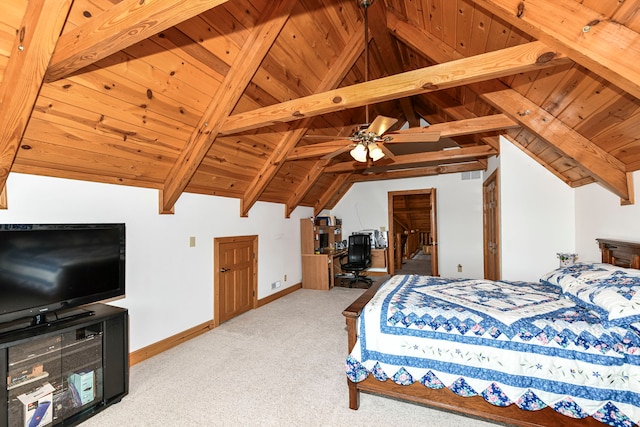 carpeted bedroom featuring wooden ceiling and vaulted ceiling with beams