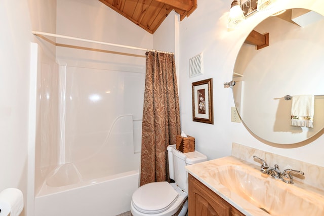 full bathroom featuring vanity, shower / tub combo with curtain, toilet, vaulted ceiling, and wood ceiling