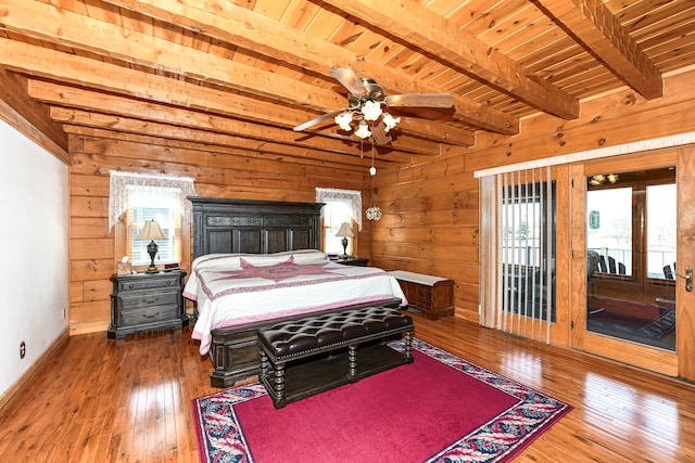 bedroom with dark wood-type flooring, wood ceiling, and multiple windows