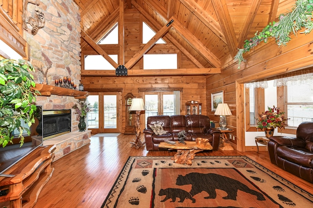 living room featuring a fireplace, high vaulted ceiling, wood ceiling, and light wood-type flooring