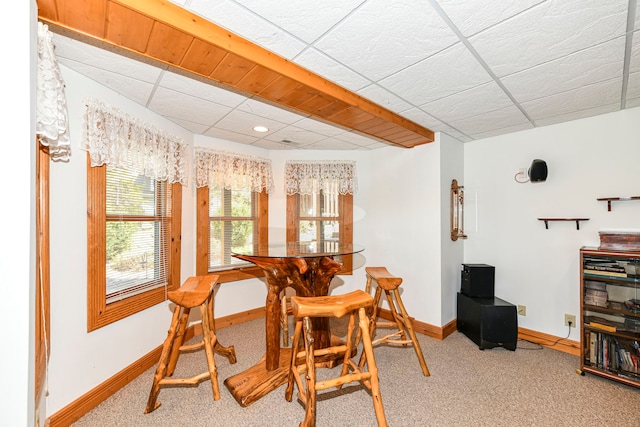 dining area featuring a paneled ceiling and light carpet