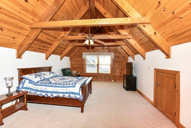 carpeted bedroom featuring wood ceiling, vaulted ceiling with beams, wood walls, and ceiling fan