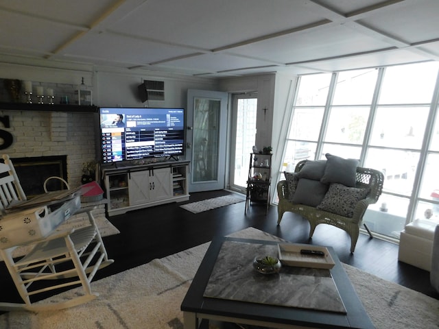 living room with hardwood / wood-style floors and a fireplace