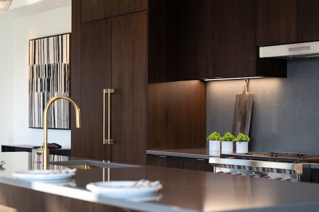 interior space featuring dark brown cabinetry, sink, and exhaust hood