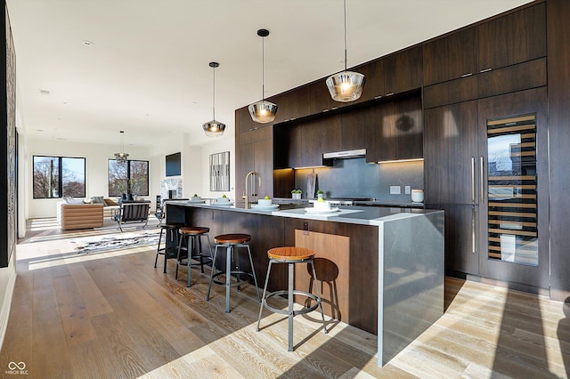 kitchen with pendant lighting, backsplash, light wood-type flooring, and an island with sink