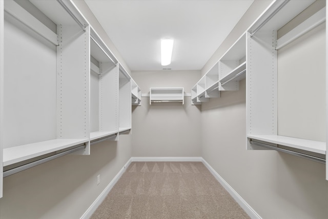 walk in closet with light carpet