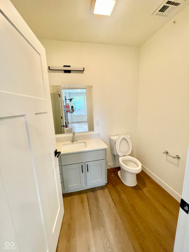 bathroom with wood-type flooring, vanity, and toilet