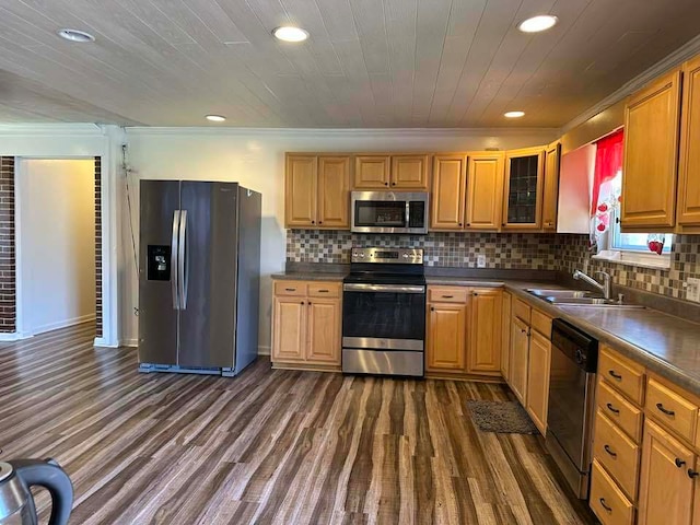 kitchen featuring dark hardwood / wood-style flooring, ornamental molding, appliances with stainless steel finishes, and sink