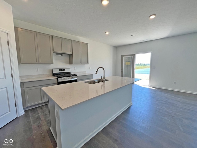 kitchen featuring stainless steel range with gas cooktop, gray cabinetry, sink, and an island with sink