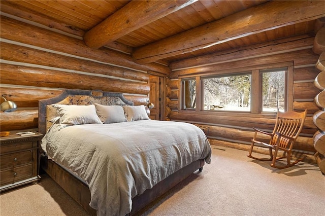 carpeted bedroom with rustic walls, beam ceiling, and wooden ceiling